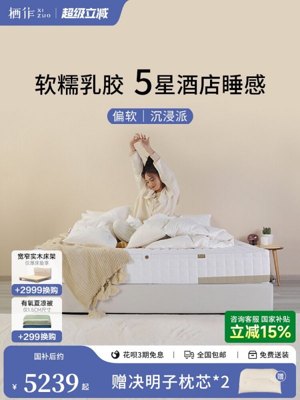 沉浸 栖作乳胶床垫软垫卧室双人家用弹簧厚垫席梦思可拆洗定制